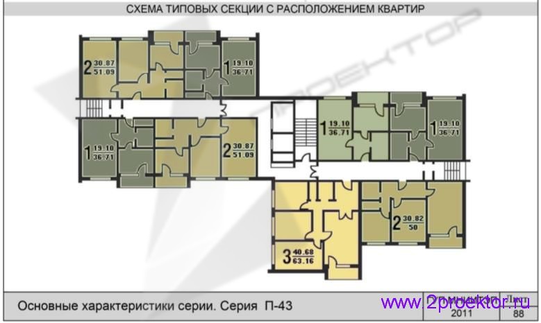 Схема типовой секции с расположением квартир жилого дома серии П-43