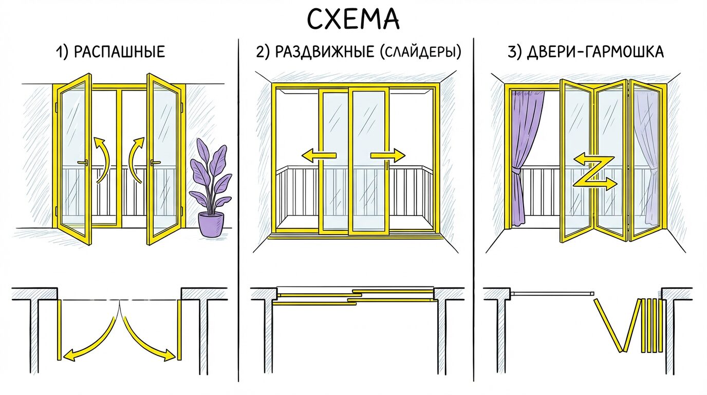 Варианты французского остекления Типы дверей для зонирования: распашные, слайдеры, гармошка