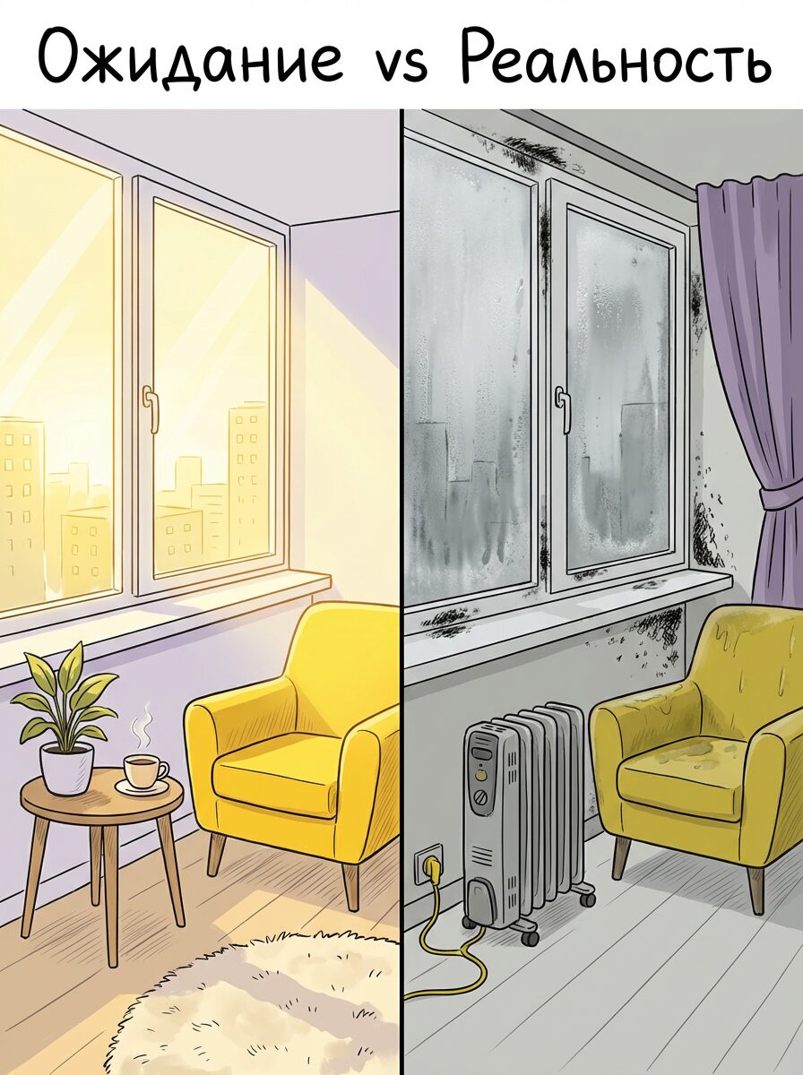 Последствия нарушения точки росы Плесень и конденсат на окнах из-за неправильного присоединения