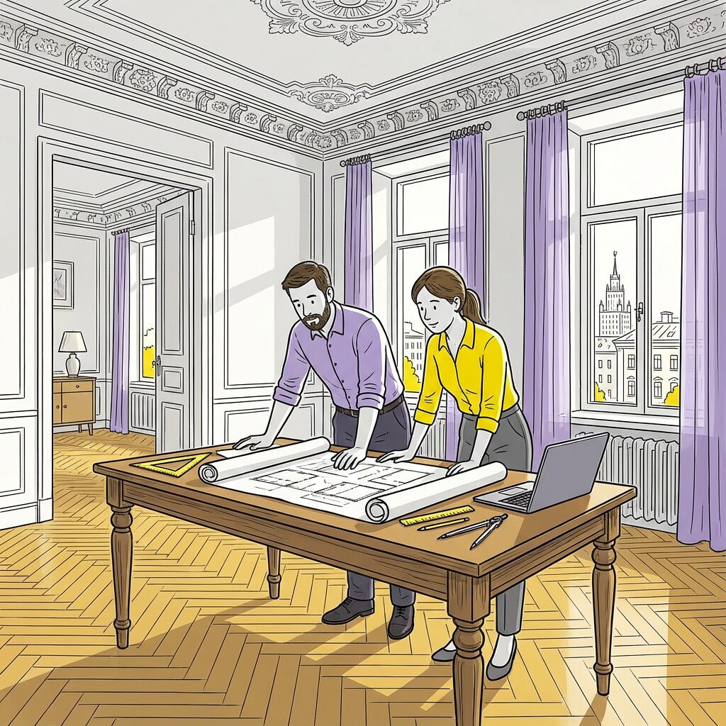 Архитекторы обсуждают проект реставрации в историческом интерьере