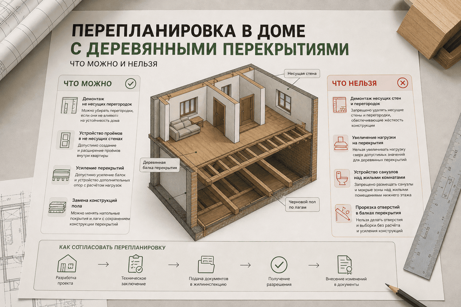 Перепланировка с деревянными перекрытиями