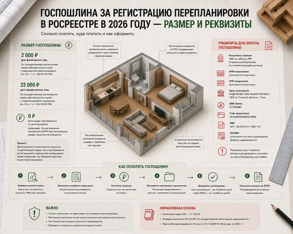 Госпошлина за регистрацию перепланировки в Росреестре в 2026 году —  размер и реквизиты