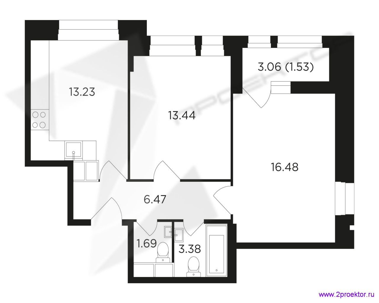 Типовой вариант планировки двухкомнатной квартиры в Жилом комплексе Преображение.