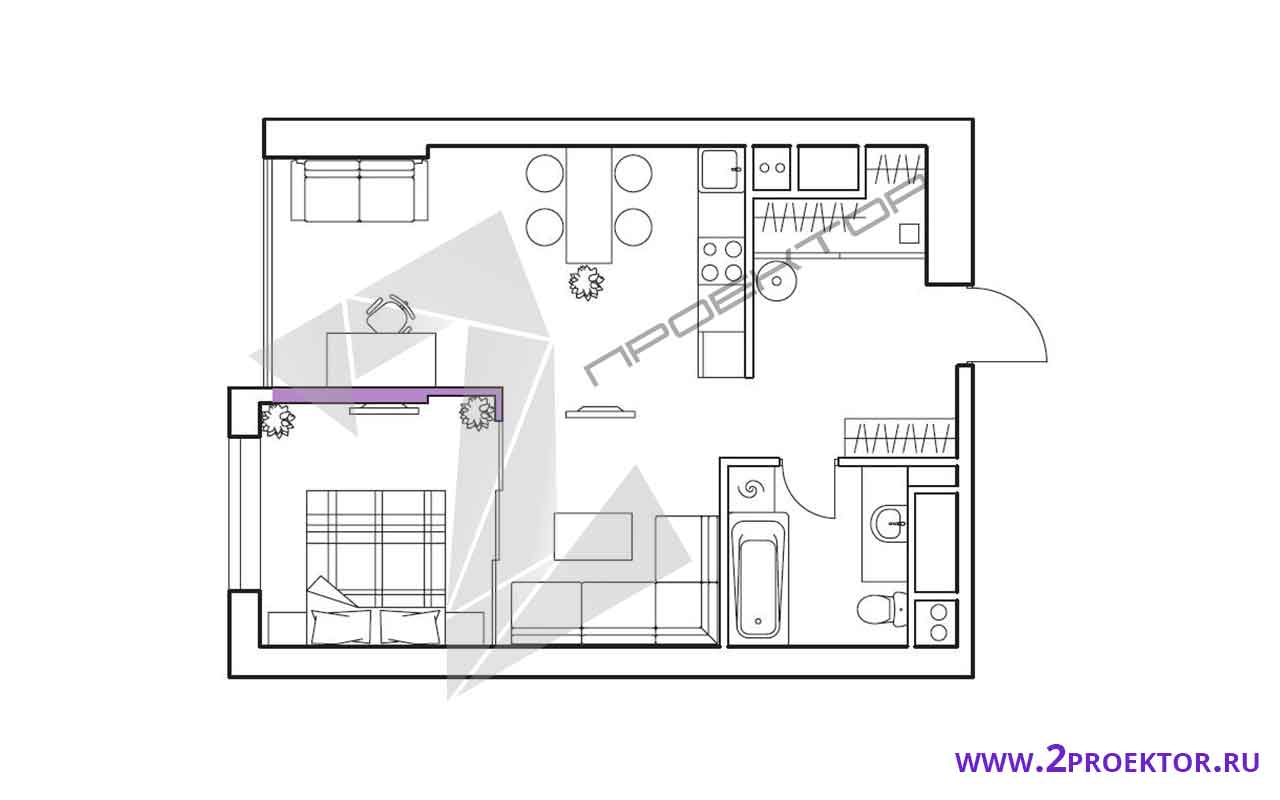 Проект перепланировки однокомнатной квартиры на 33 кв. м