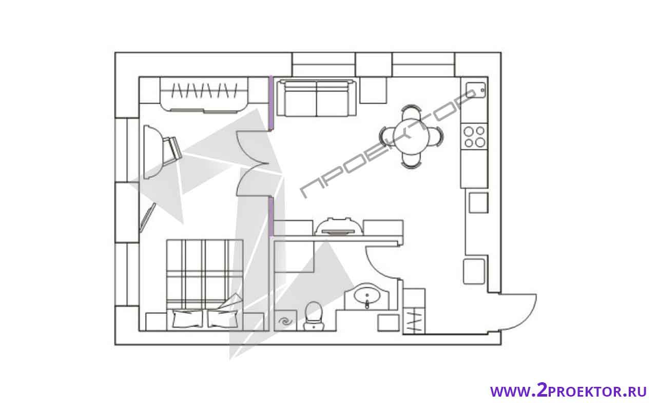 Проект перепланировки однокомнатной квартиры на 35 кв. м