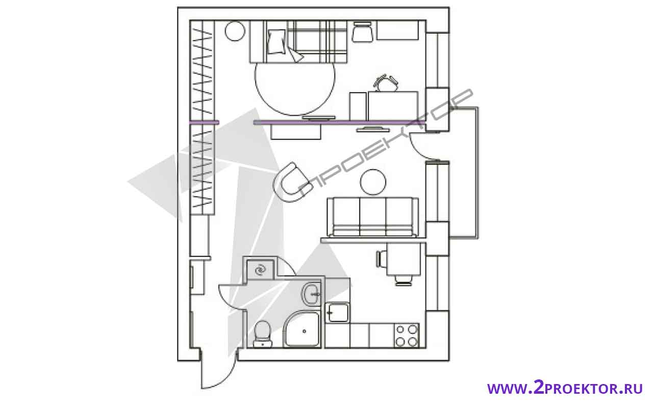 Проект перепланировки однокомнатной квартиры на 35 кв. м