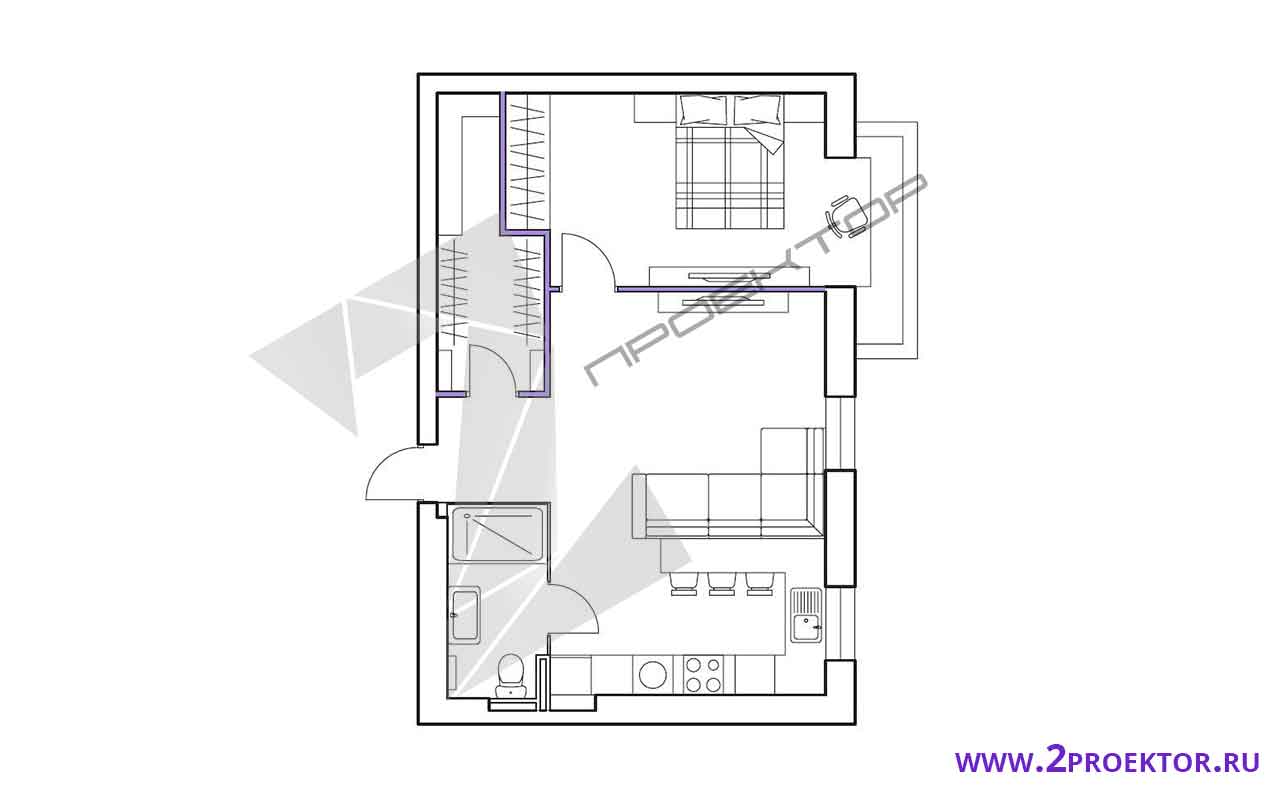 Проект перепланировки однокомнатной квартиры на 40 кв. м