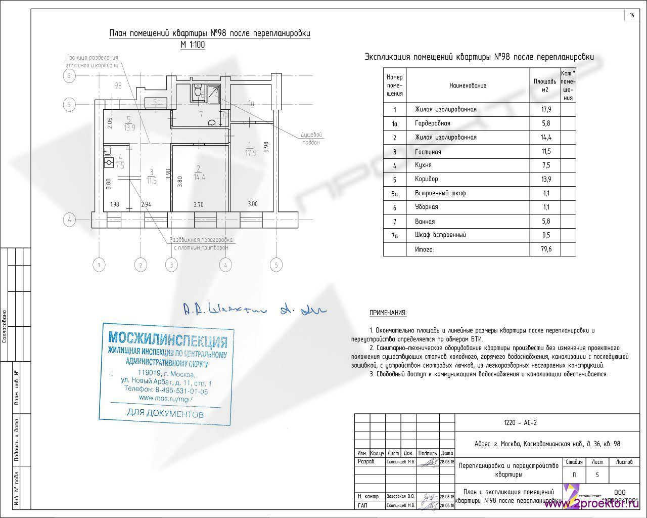 Вариант планировки квартиры разработанный ООО «2Проектор» и согласованный Мосжилинспекцией