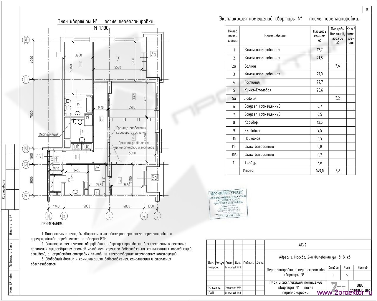 Вариант планировки квартиры в Жилом комплексе Филичета, разработанный специалистами ООО «2Проектор» и согласованный Мосжилинспекцией.